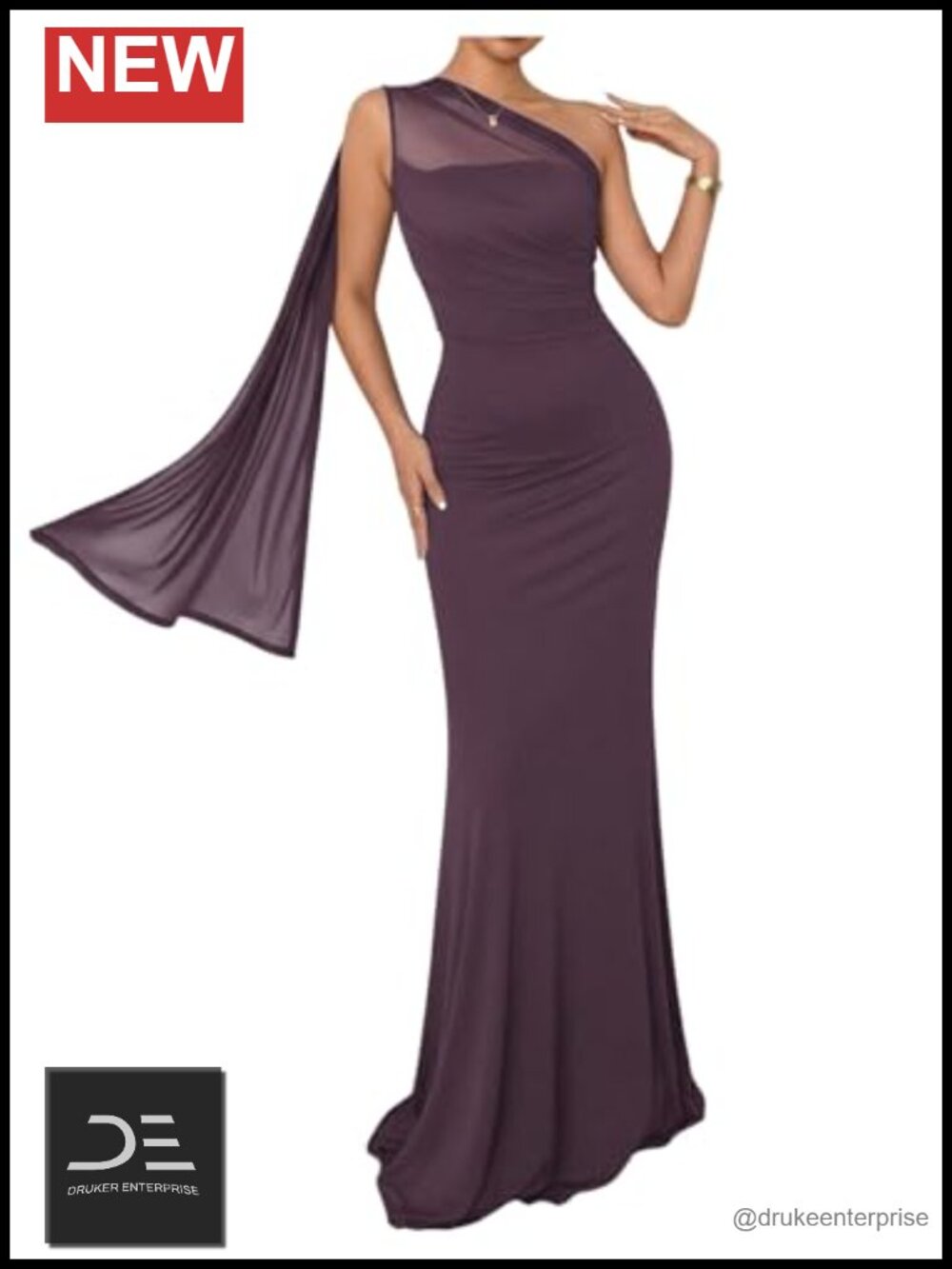 One Shoulder Bodycon Mesh Maxi Dress Ruched Fishtail Formal Wedding Guest